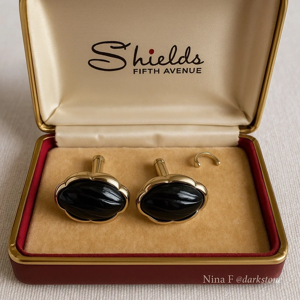 Vintage Shields Fifth Avenue Black Onyx-Style Cufflinks (Mid-1960s)